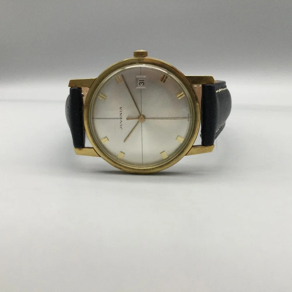 Vintage Juvenia Mens Watch 34mm Gold Plated Black Leather Automatic